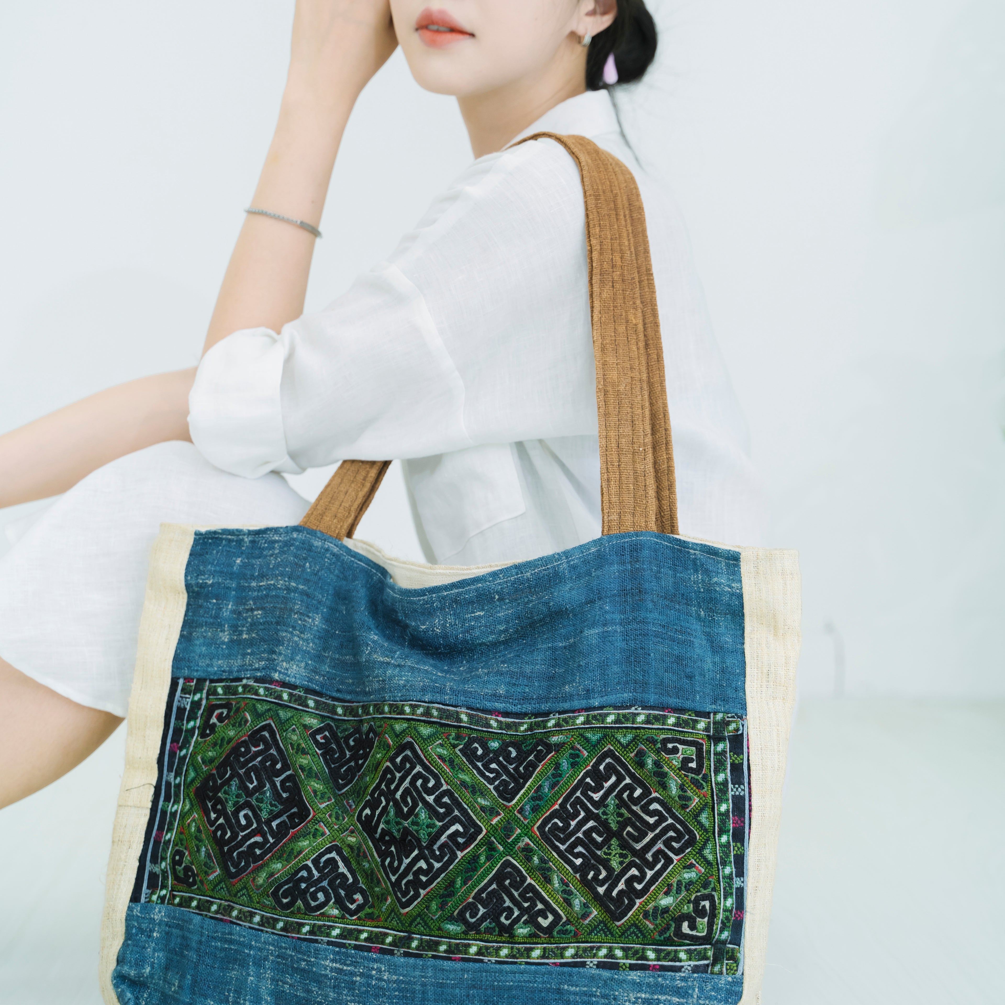 Hmong Indigo & Green Embroidered Tote Bag - Hand-Dyed Brocade with Vibrant Accent - Hill Tribe Artisan Shoulder Bag