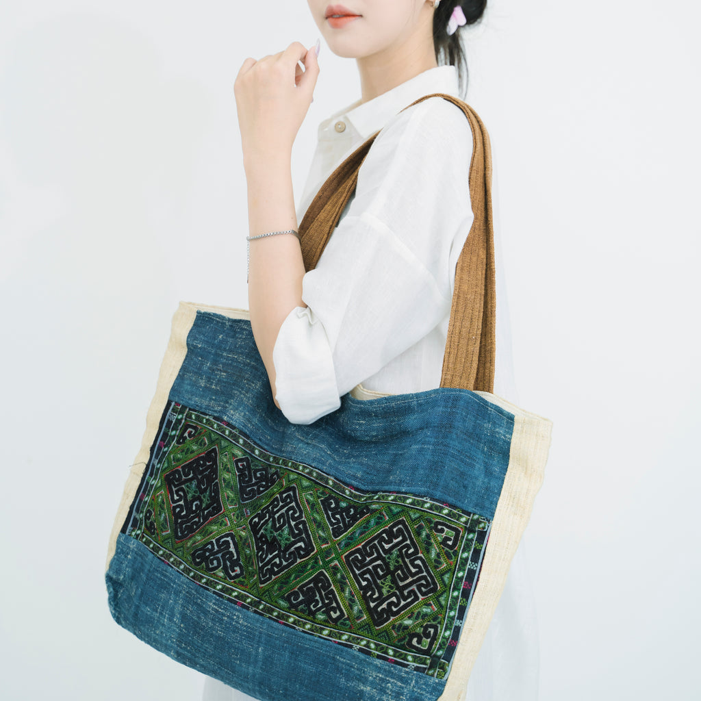 Hmong Indigo & Green Embroidered Tote Bag - Hand-Dyed Brocade with Vibrant Accent - Hill Tribe Artisan Shoulder Bag