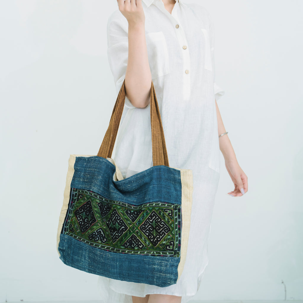 Hmong Indigo & Green Embroidered Tote Bag - Hand-Dyed Brocade with Vibrant Accent - Hill Tribe Artisan Shoulder Bag