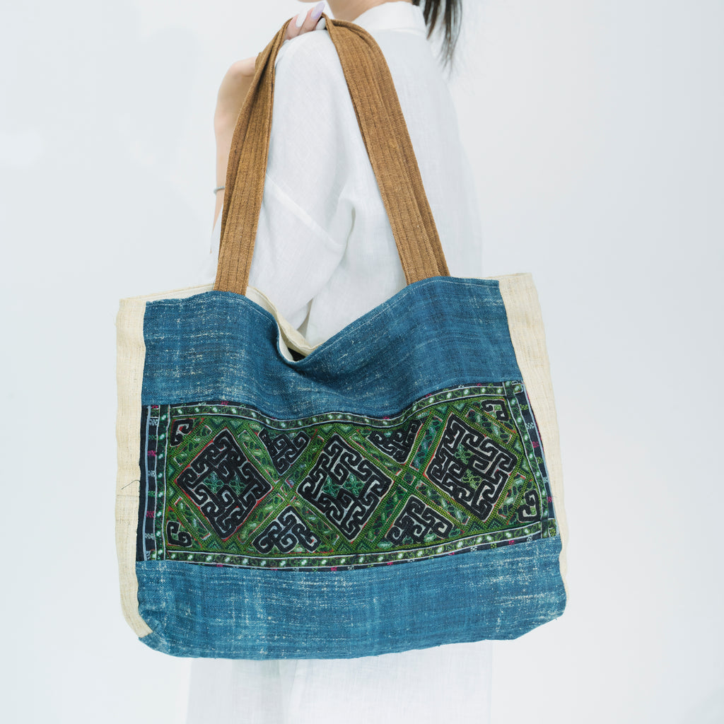 Hmong Indigo & Green Embroidered Tote Bag - Hand-Dyed Brocade with Vibrant Accent - Hill Tribe Artisan Shoulder Bag