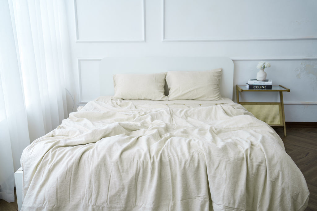 Beige Bamboo Linen Fitted Sheet — 70% Bamboo 30% Linen