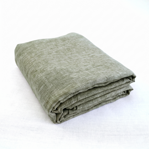 Folded asparagus green French linen flat sheet, 100% European flax, stonewashed - SCANDALINEN