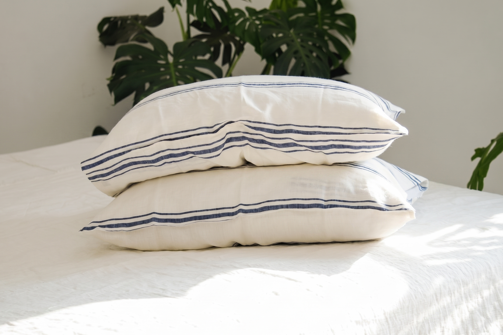 Ivory Navy Striped French Linen Pillowcase | Yarn-Dyed | Handmade