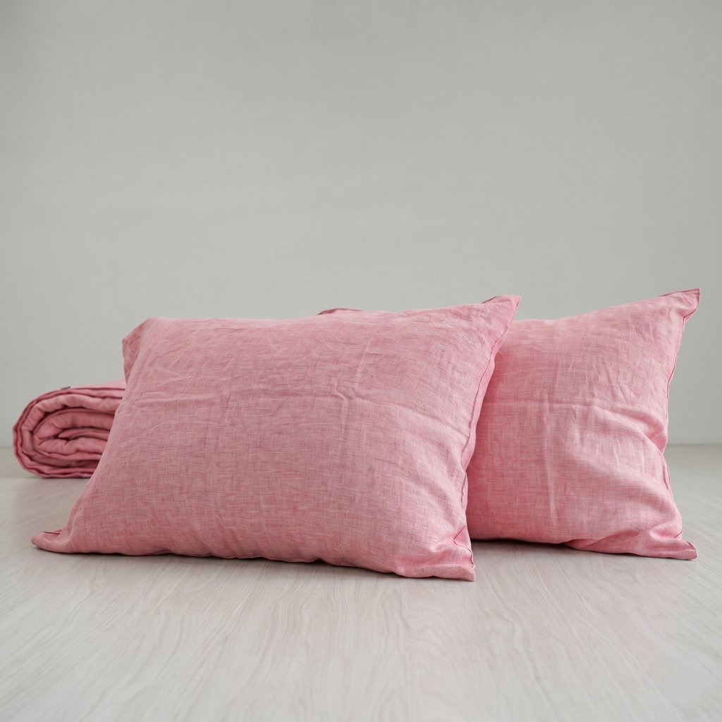 Red Pink French Linen Pillowcase | Yarn-Dyed | Handmade