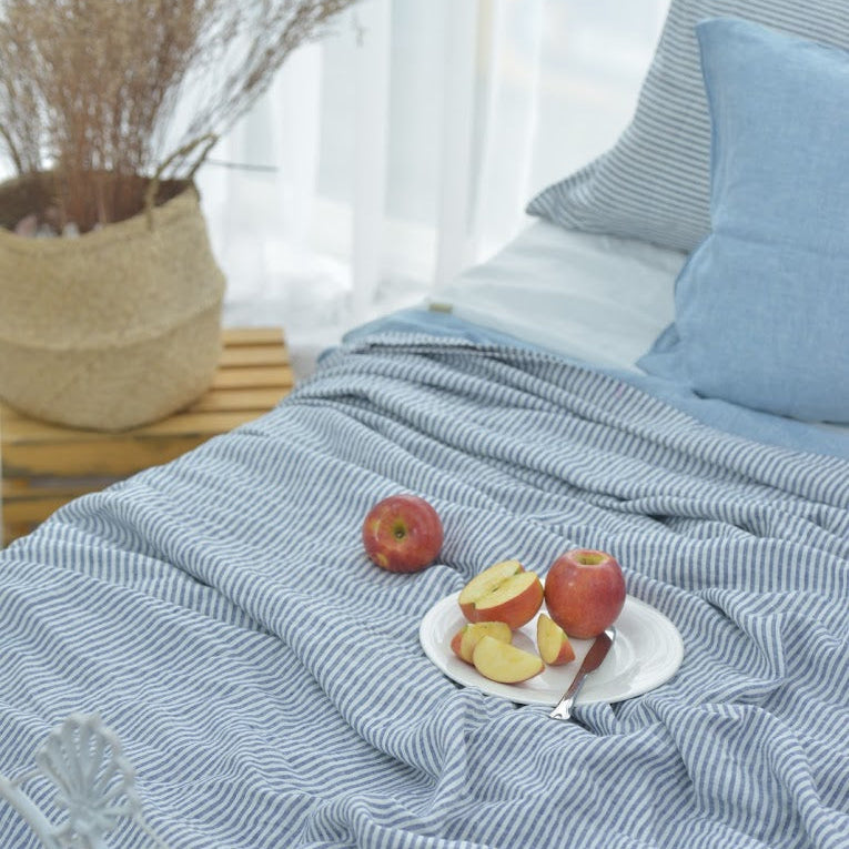 Navy Striped French Linen Duvet Cover | Yarn-Dyed | Handmade