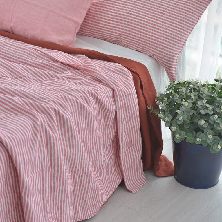Red Striped French Linen Duvet Cover | Yarn-Dyed | Handmade