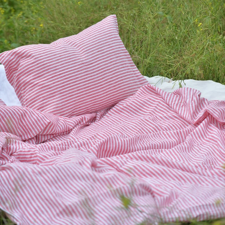 Red Striped French Linen Duvet Cover | Yarn-Dyed | Handmade