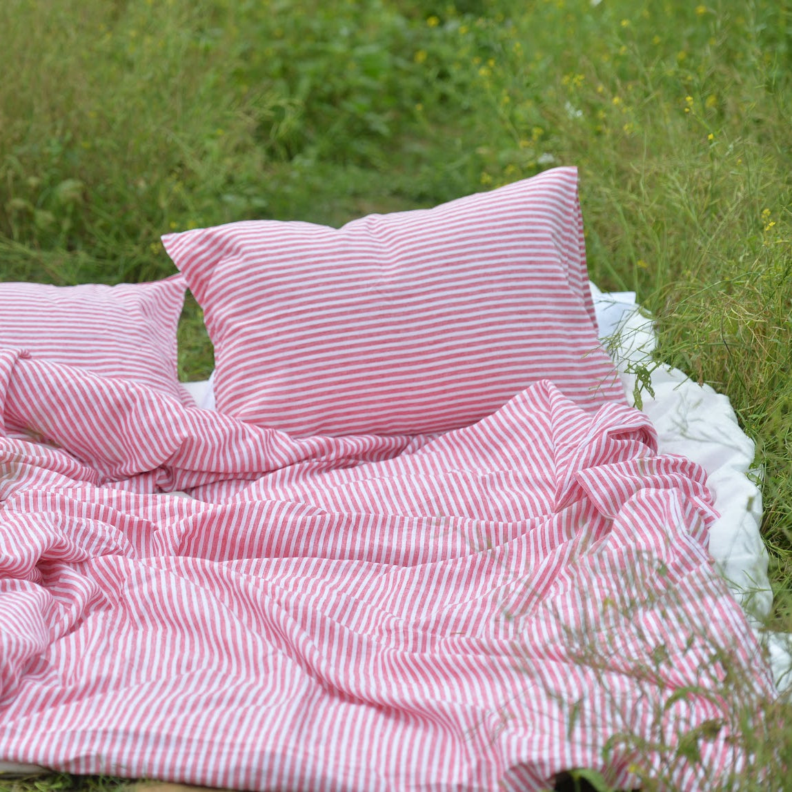 Red Striped French Linen Duvet Cover | Yarn-Dyed | Handmade