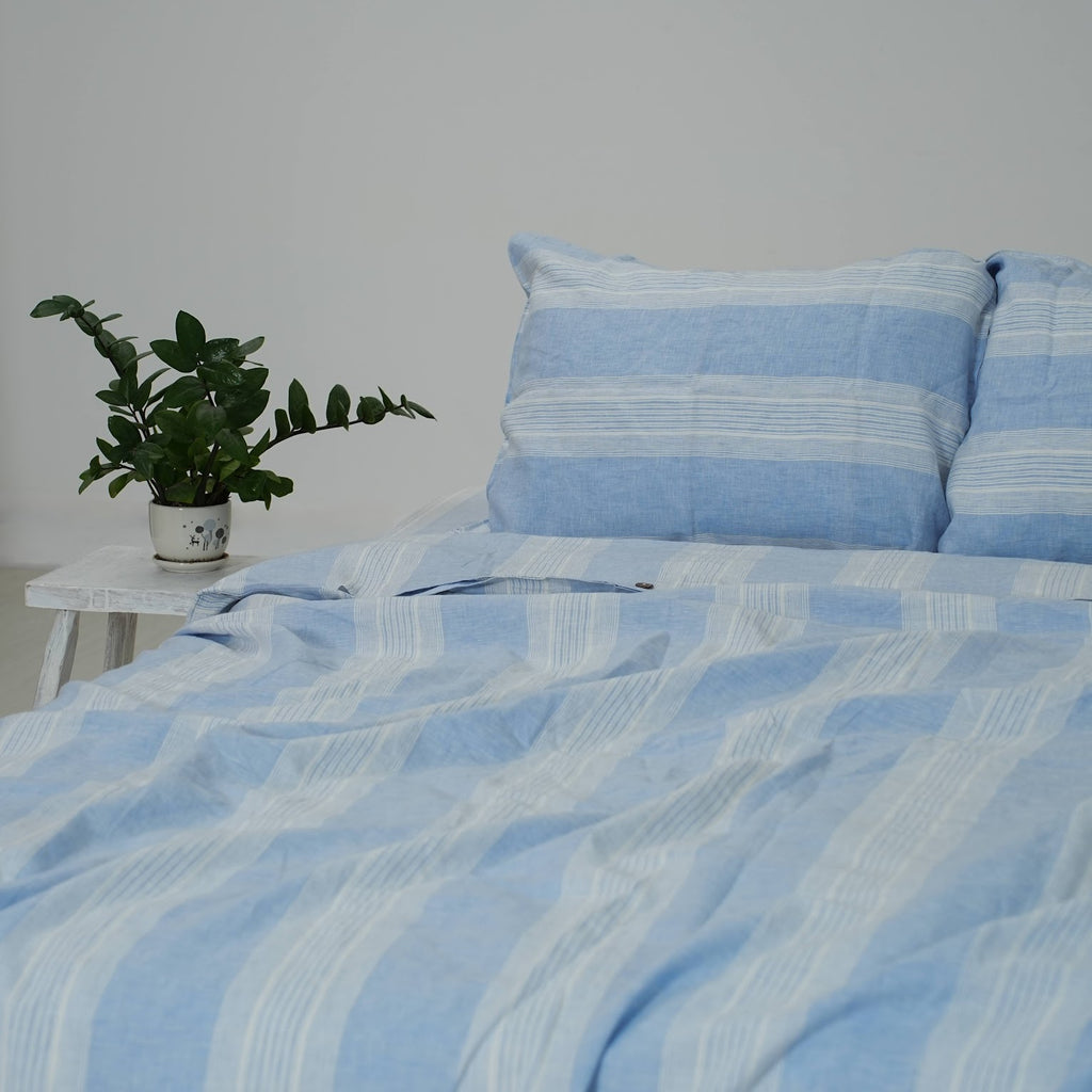 Blue Striped French Linen Duvet Cover | Yarn-Dyed | Handmade