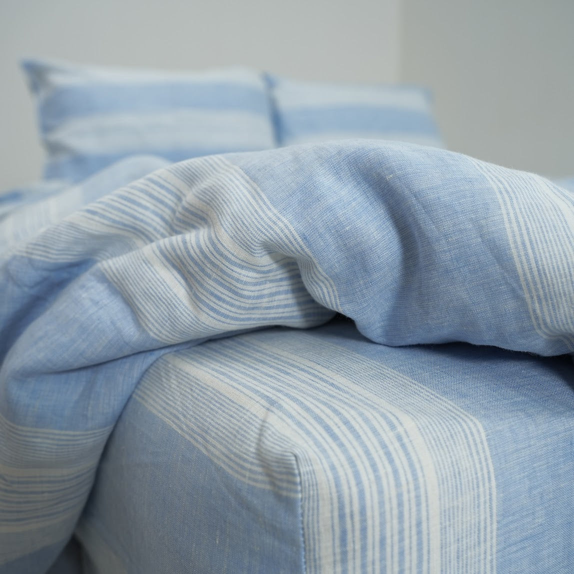 Blue Striped French Linen Duvet Cover | Yarn-Dyed | Handmade