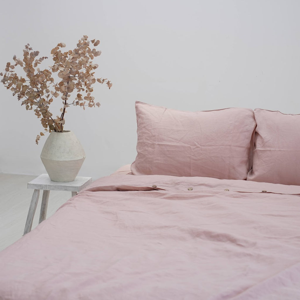 Misty Pink French Linen Fitted Sheet Set - Deep Pocket with 2 Pillowcases