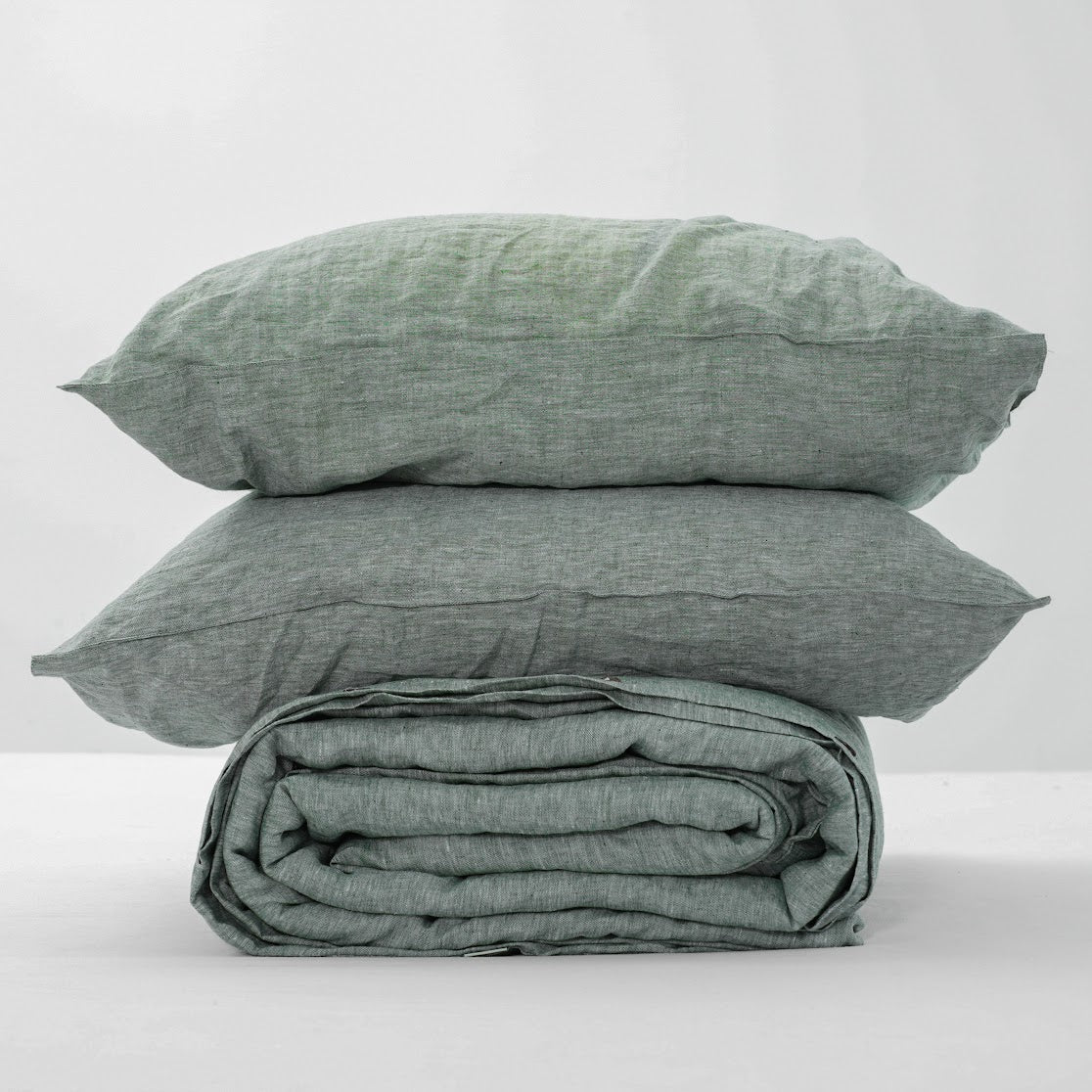 Asparagus French Linen Duvet Cover+2 Pillowcases Set | Yarn-Dyed | Handmade