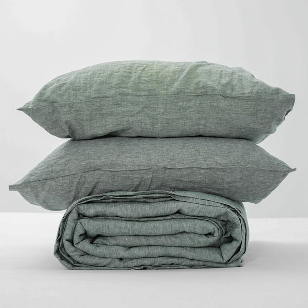 Asparagus French Linen Duvet Cover+2 Pillowcases Set | Yarn-Dyed | Handmade