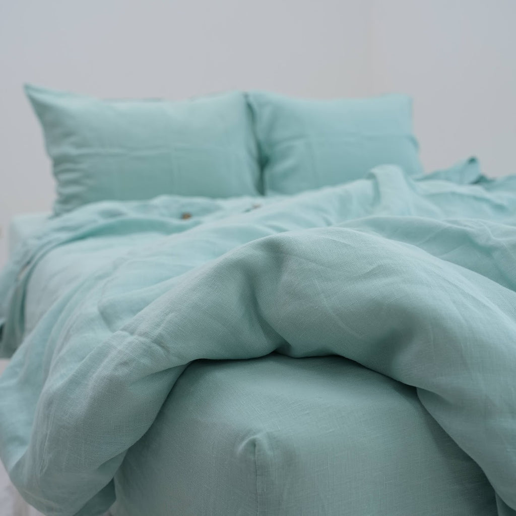 Mint Green French Linen Fitted Sheet Set - Deep Pocket with 2 Pillowcases