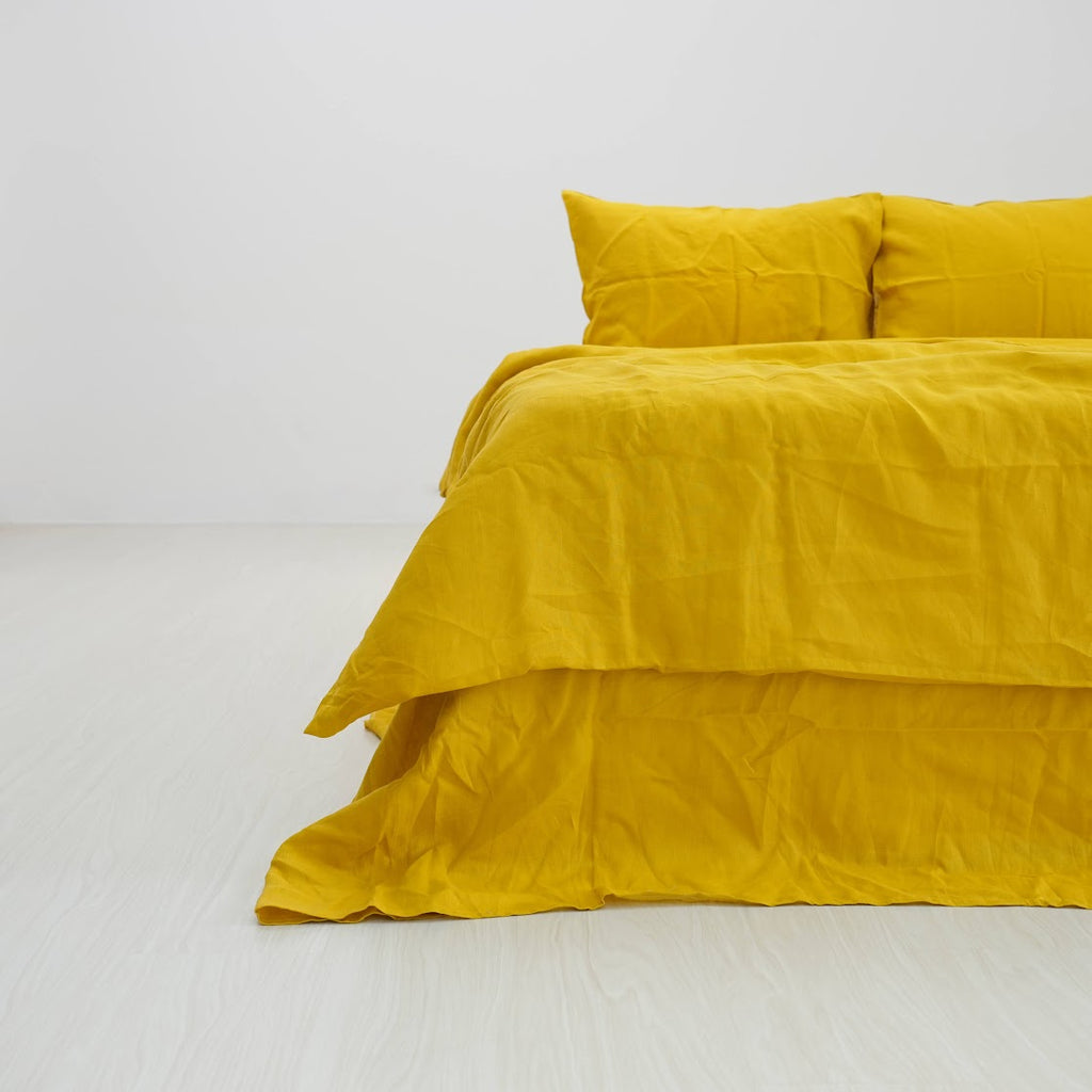 Yellow French Linen Duvet Cover+2 Pillowcases Set - Plain Dyeing 34