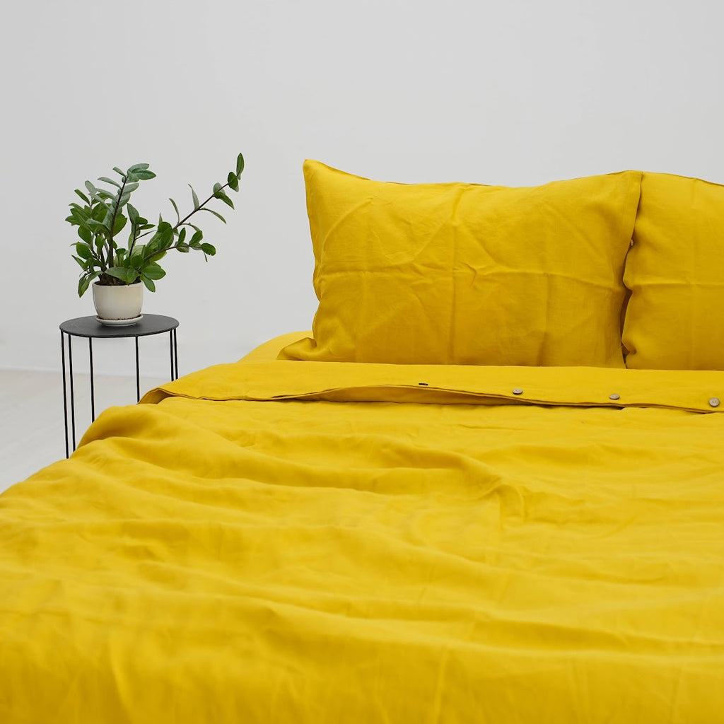 Yellow French Linen Duvet Cover+2 Pillowcases Set - Plain Dyeing 34