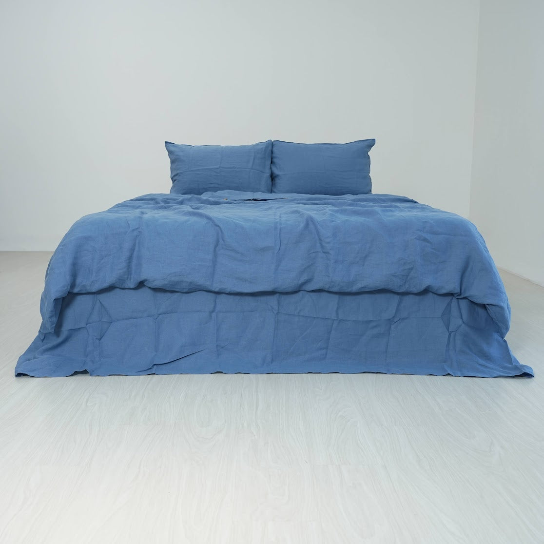 Navy Blue French Linen Fitted Sheet Set - Deep Pocket with 2 Pillowcases