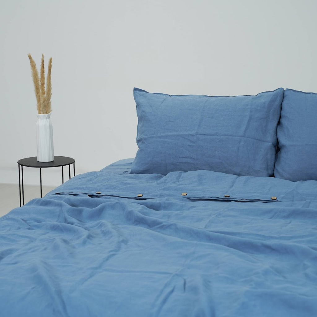 Navy Blue French Linen Fitted Sheet Set - Deep Pocket with 2 Pillowcases