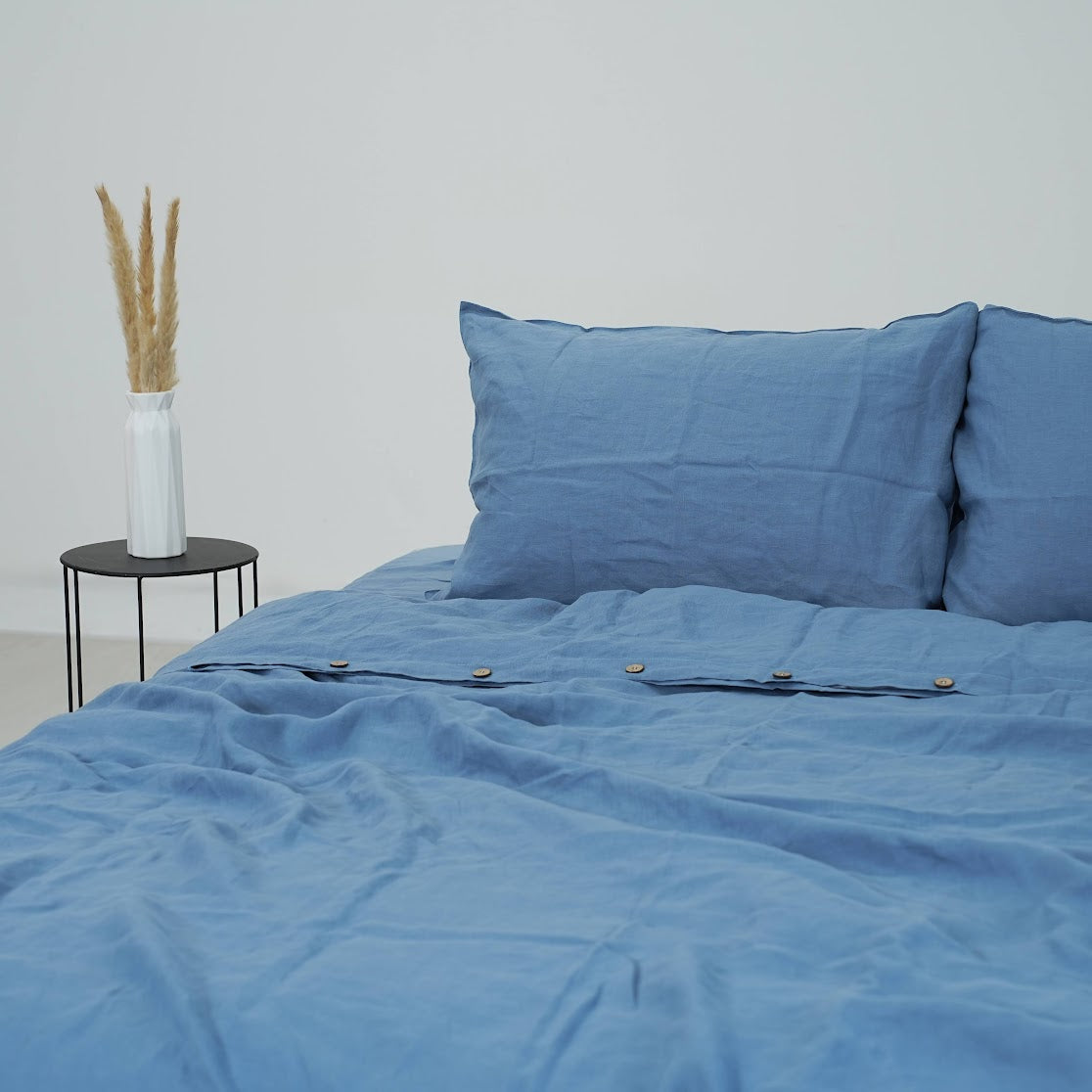 Navy Blue French Linen Fitted Sheet Set - Deep Pocket with 2 Pillowcases
