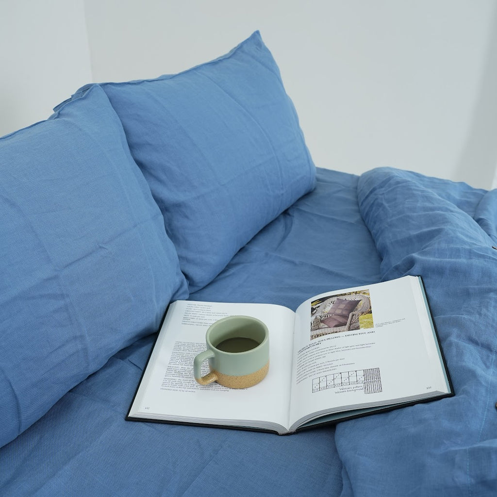 Navy Blue French Linen Fitted Sheet Set - Deep Pocket with 2 Pillowcases