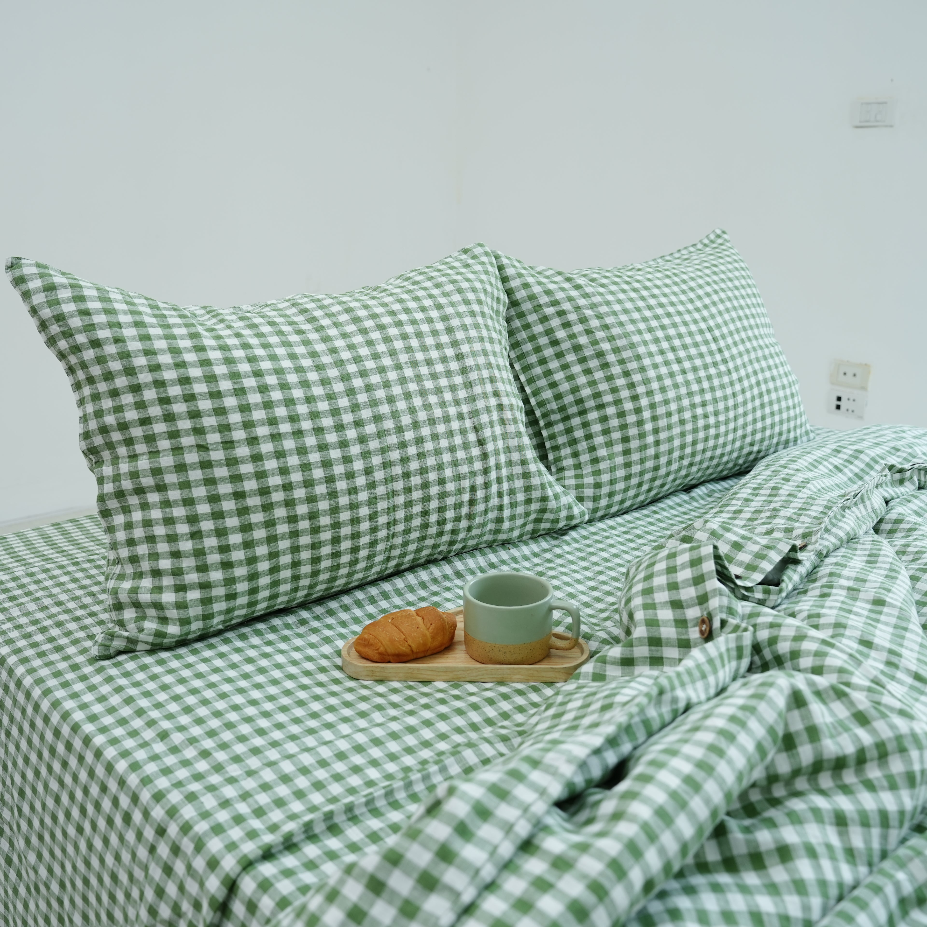 Small Grid Green French Linen Pillowcase | Yarn-Dyed | Handmade
