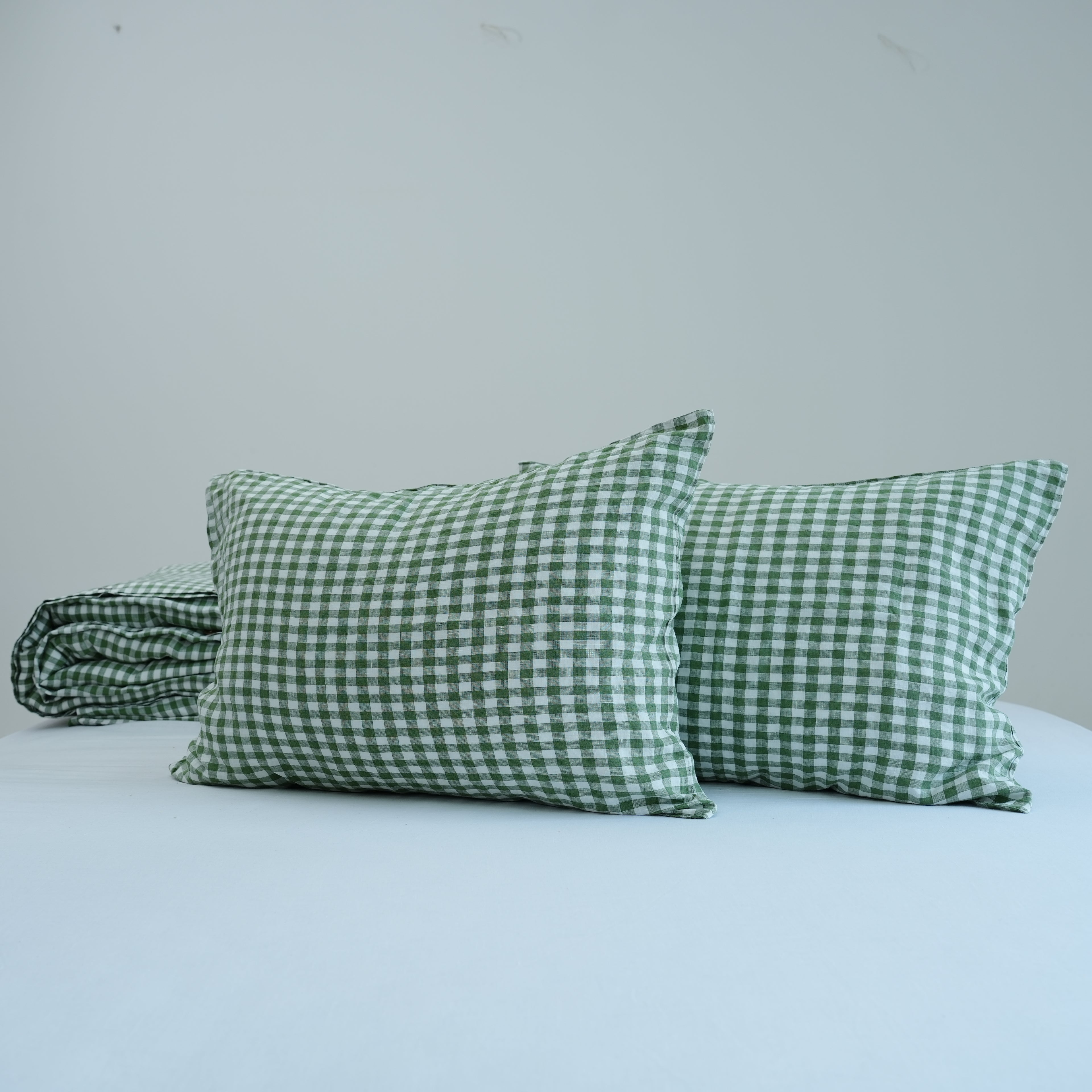 Small Grid Green French Linen Pillowcase | Yarn-Dyed | Handmade