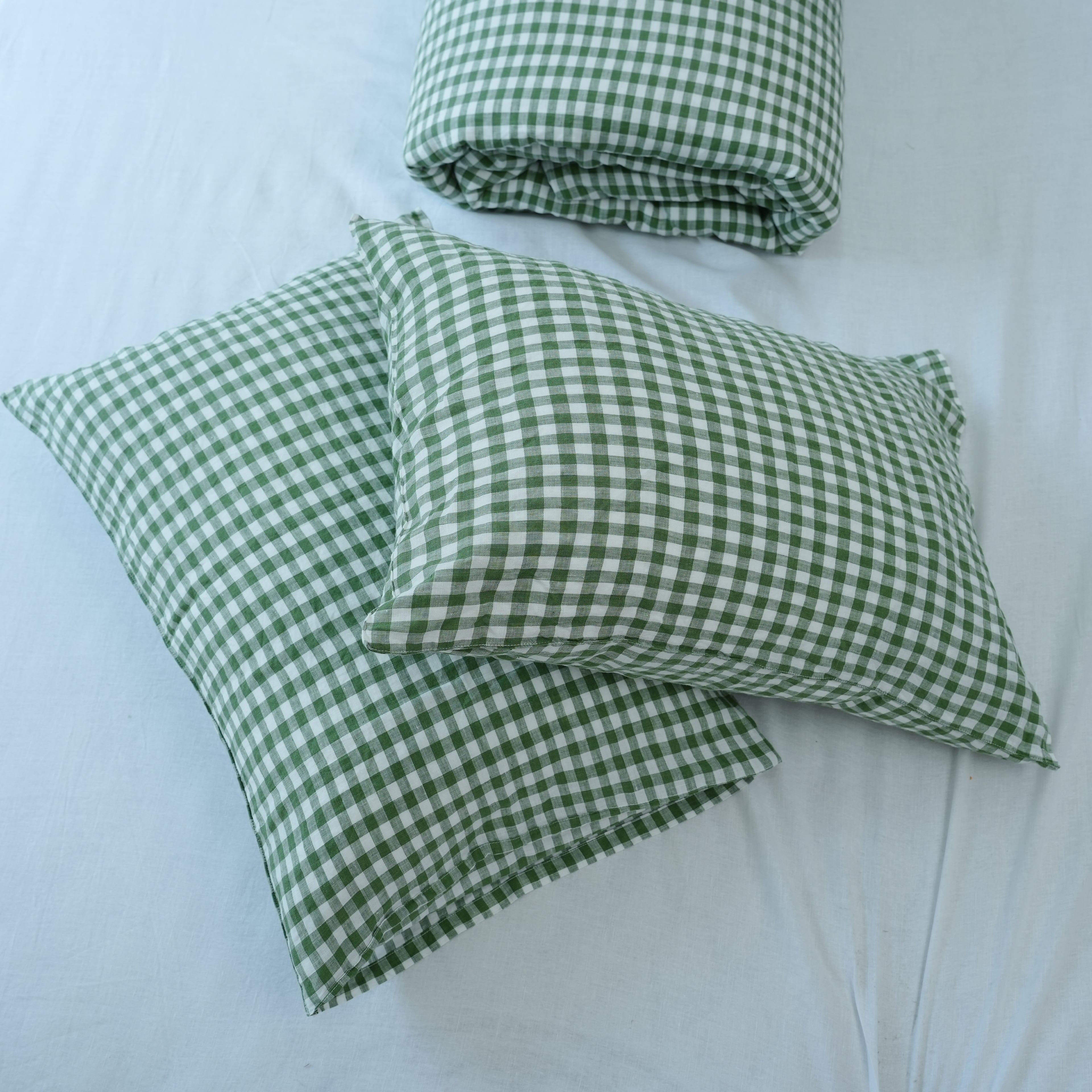 Small Grid Green French Linen Pillowcase | Yarn-Dyed | Handmade