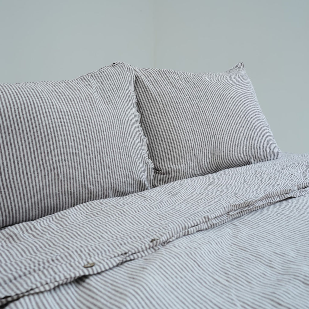 Coffee Striped French Linen Duvet Cover | Yarn-Dyed | Handmade