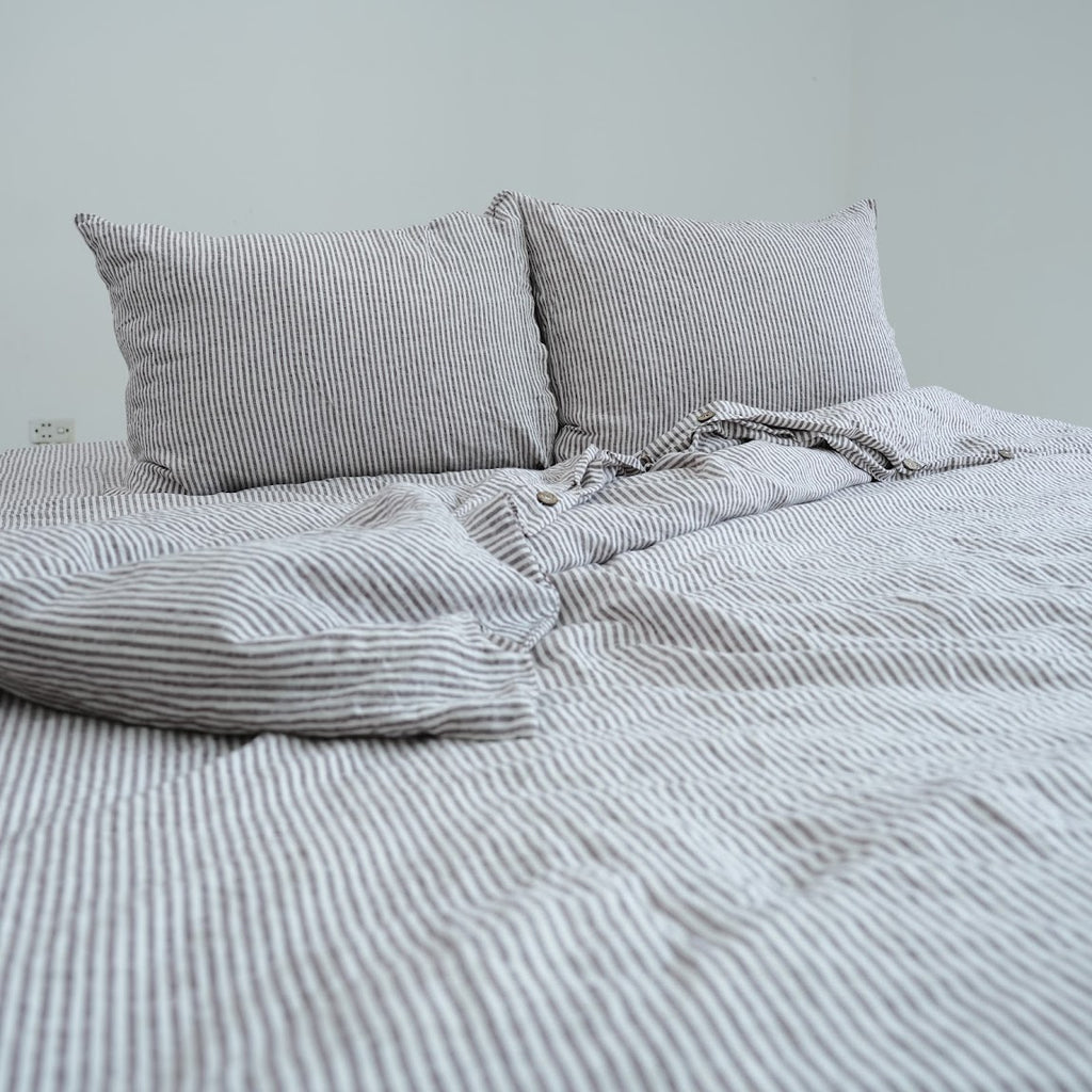 Coffee Striped French Linen Duvet Cover | Yarn-Dyed | Handmade