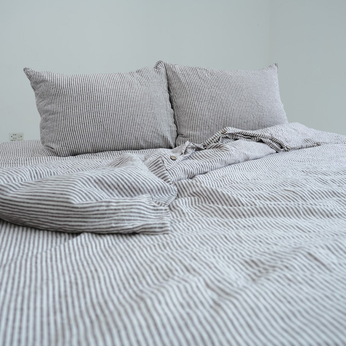 Coffee Striped French Linen Duvet Cover | Yarn-Dyed | Handmade
