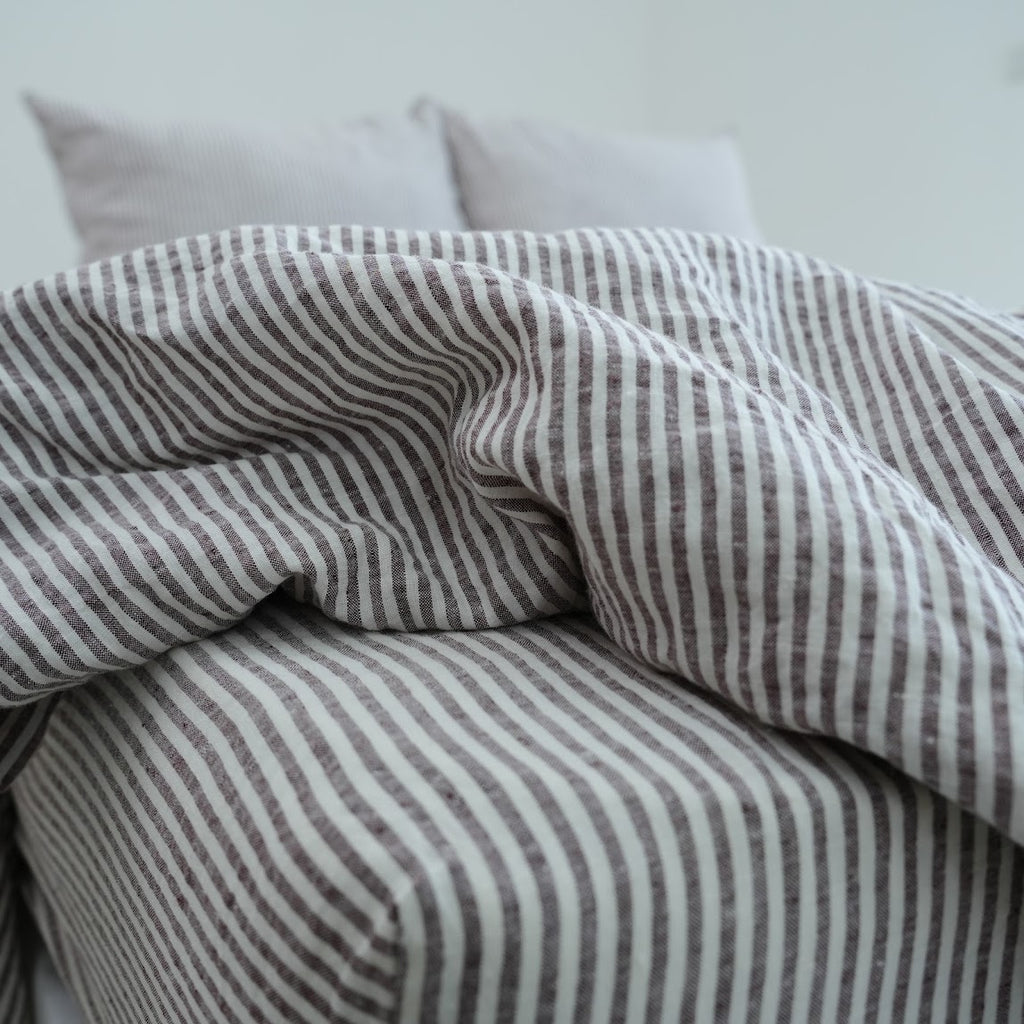 Coffee Striped French Linen Duvet Cover | Yarn-Dyed | Handmade
