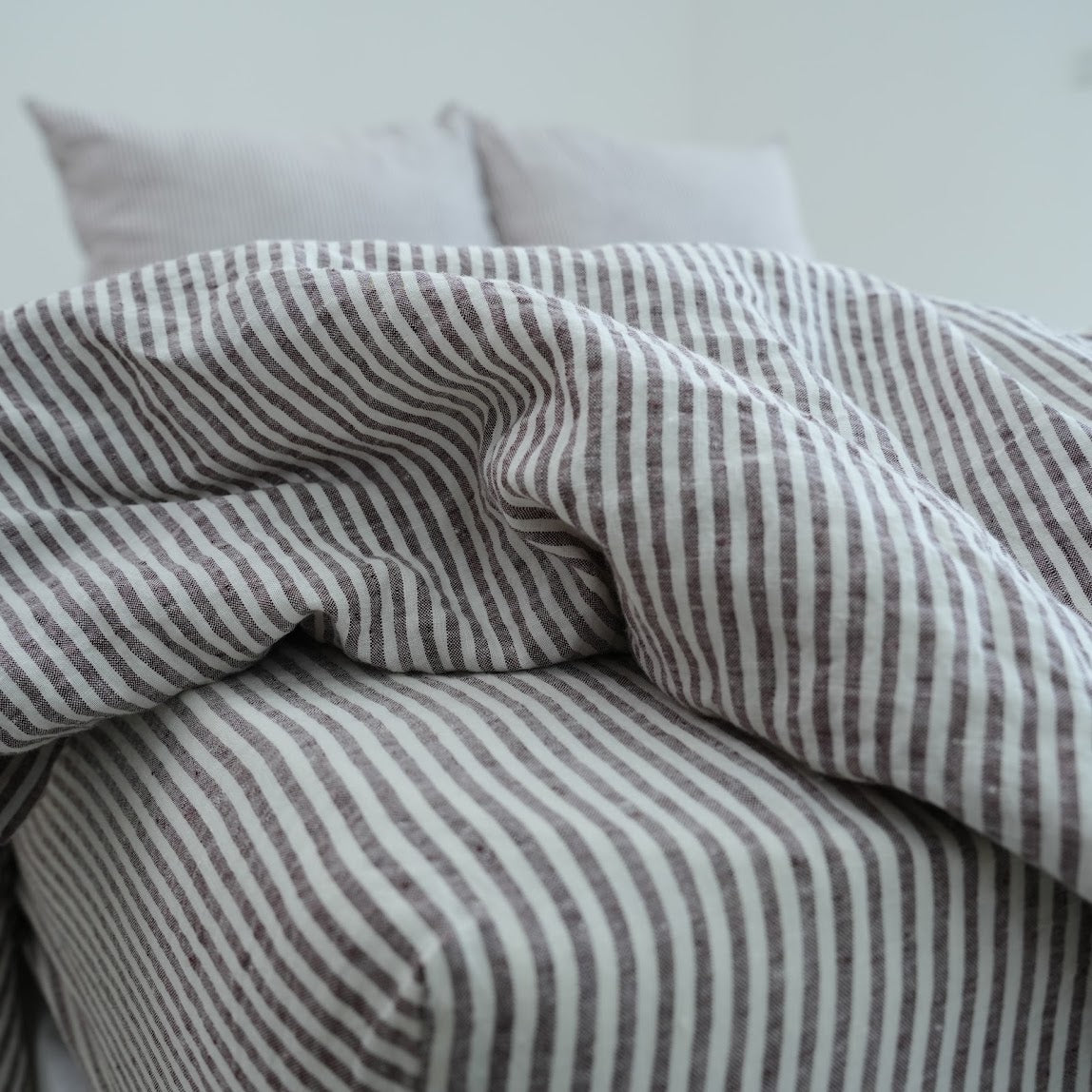 Coffee Striped French Linen Duvet Cover | Yarn-Dyed | Handmade