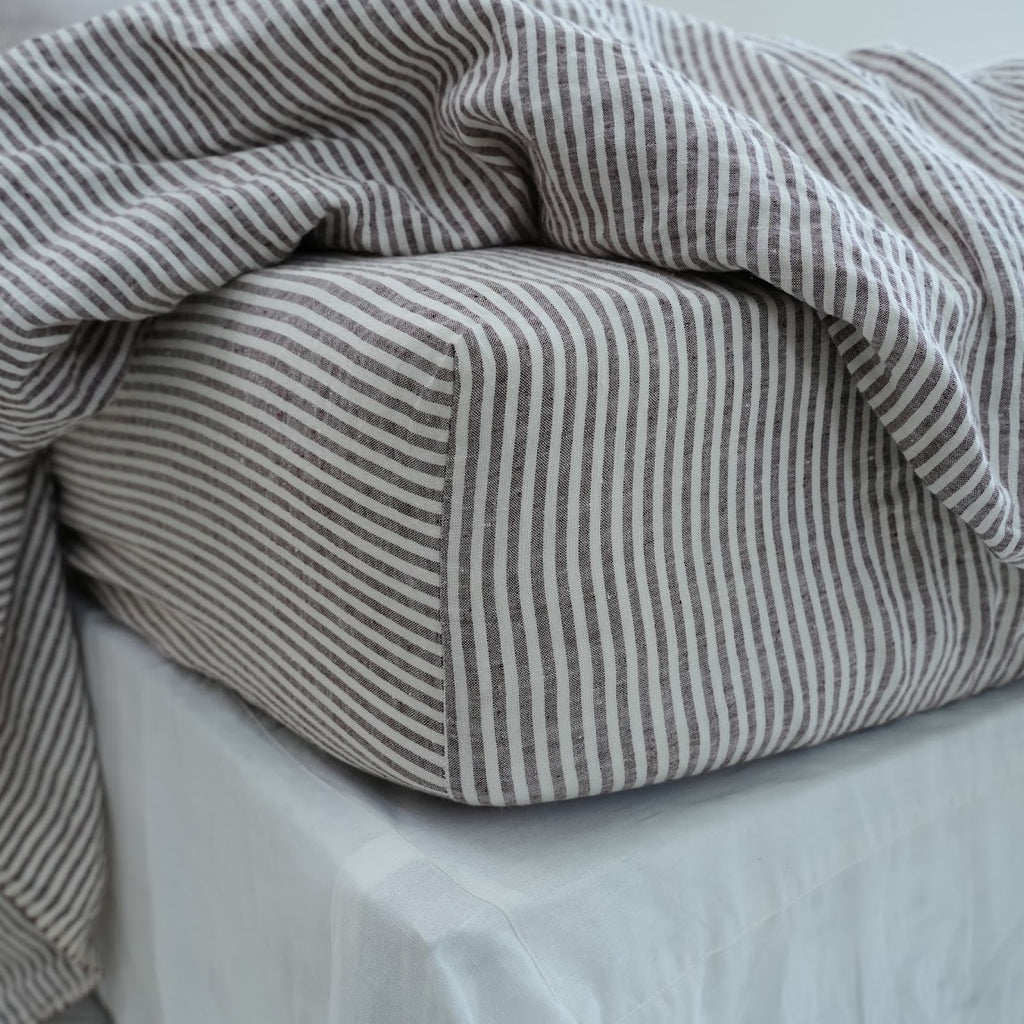 Coffee Striped French Linen Duvet Cover | Yarn-Dyed | Handmade