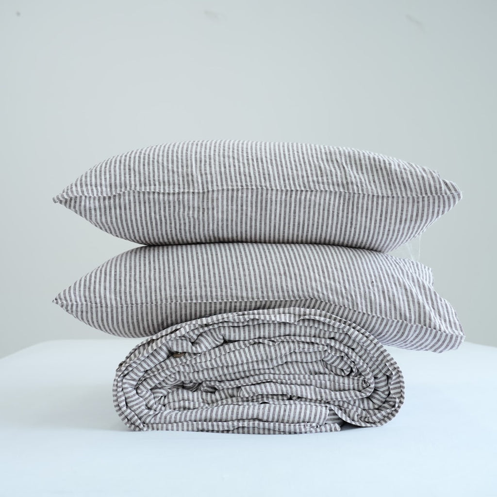 Coffee Striped French Linen Duvet Cover | Yarn-Dyed | Handmade