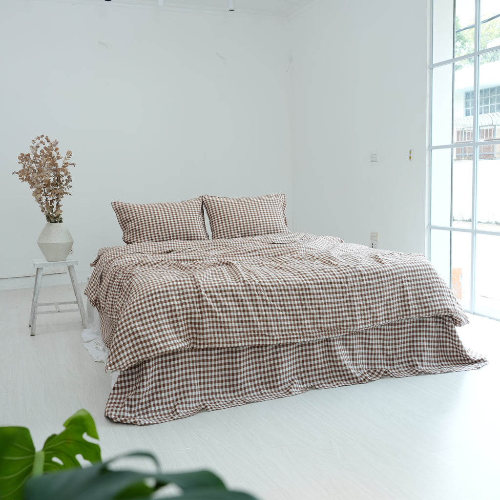 Small Grid Coffee French Linen Pillowcase | Yarn-Dyed | Handmade