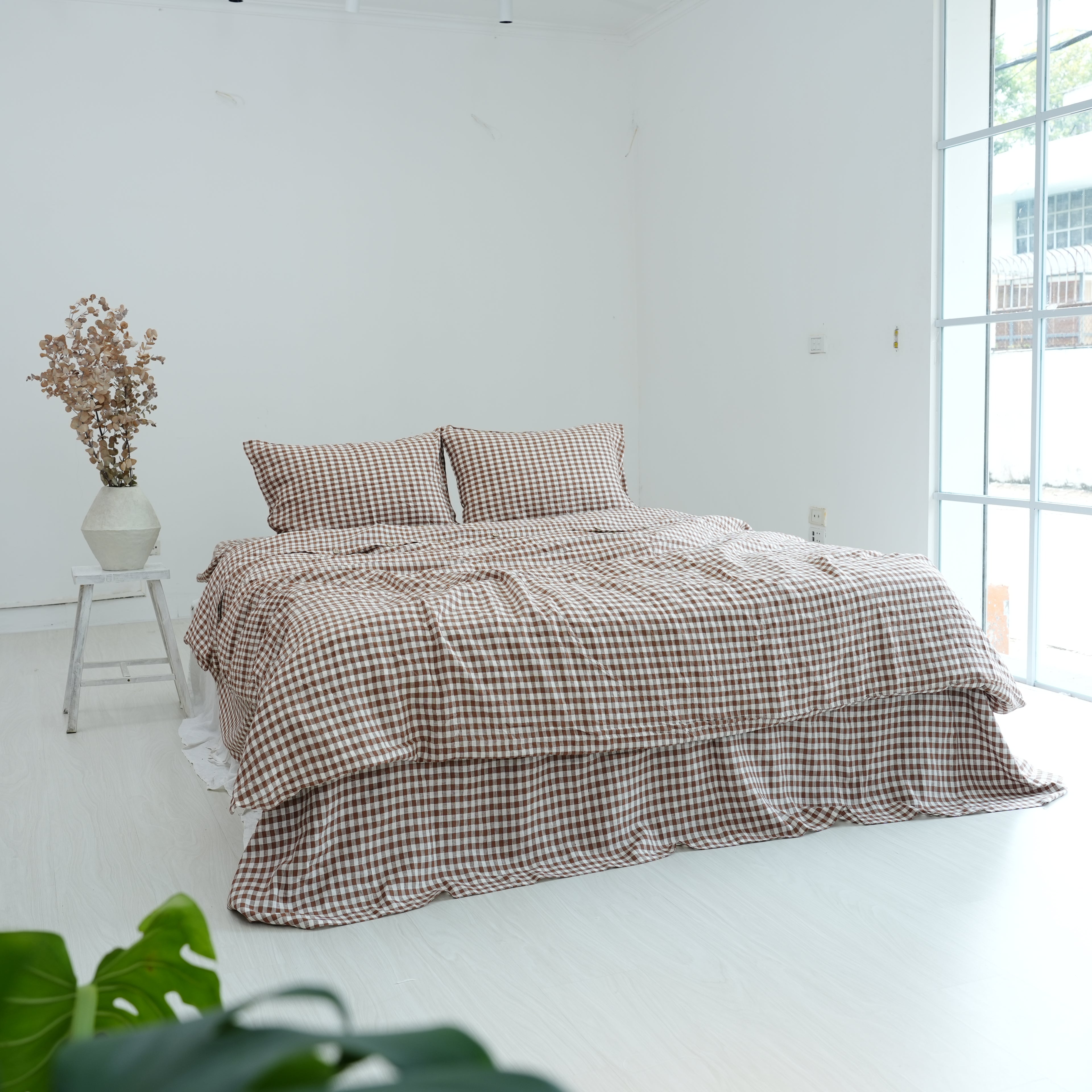 Small Grid Coffee French Linen Pillowcase | Yarn-Dyed | Handmade