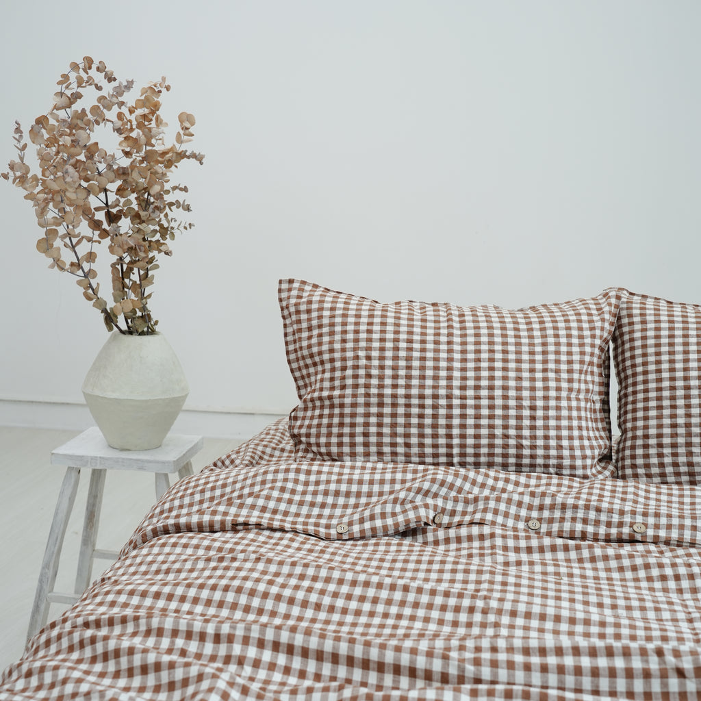 Small Grid Coffee French Linen Pillowcase | Yarn-Dyed | Handmade