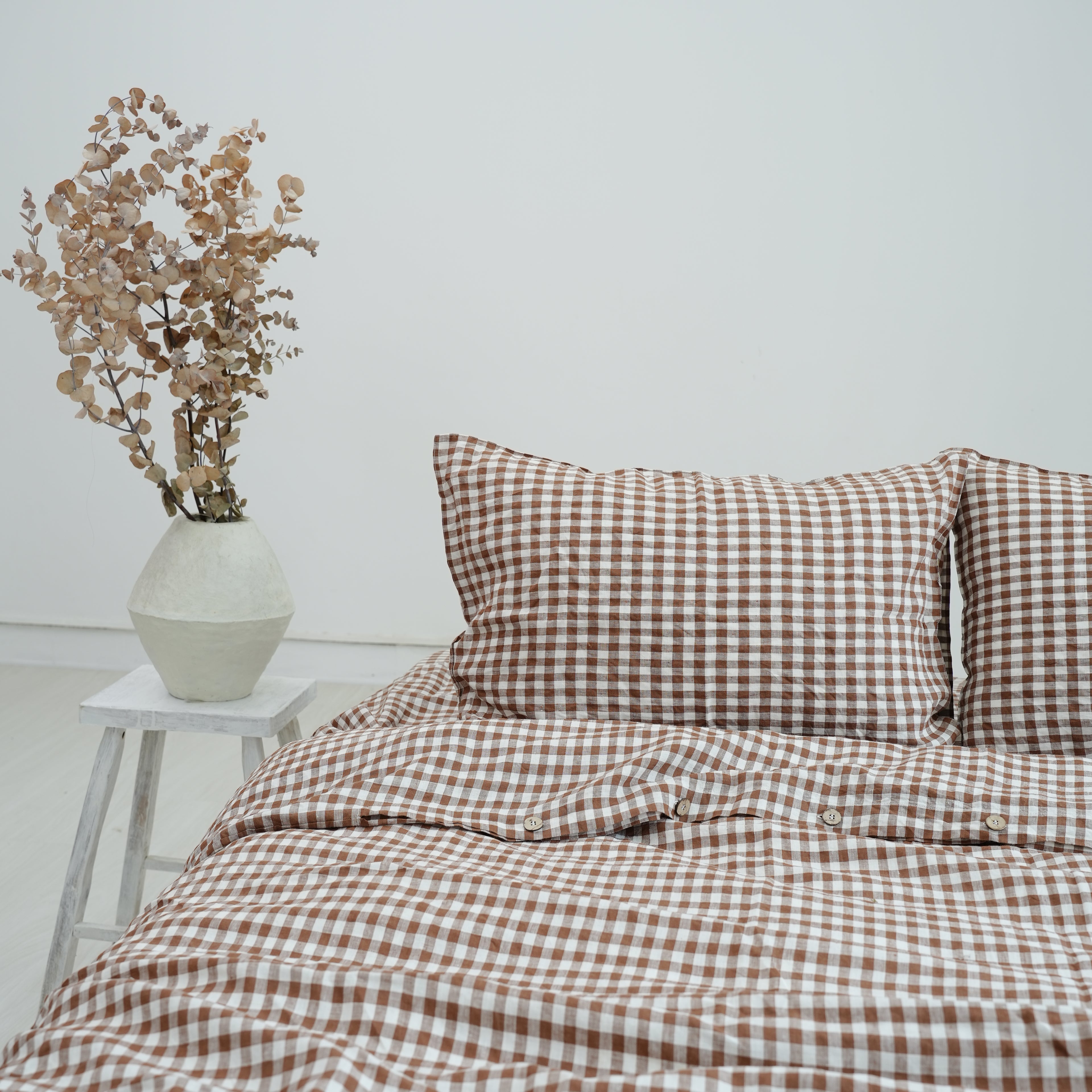 Small Grid Coffee French Linen Pillowcase | Yarn-Dyed | Handmade