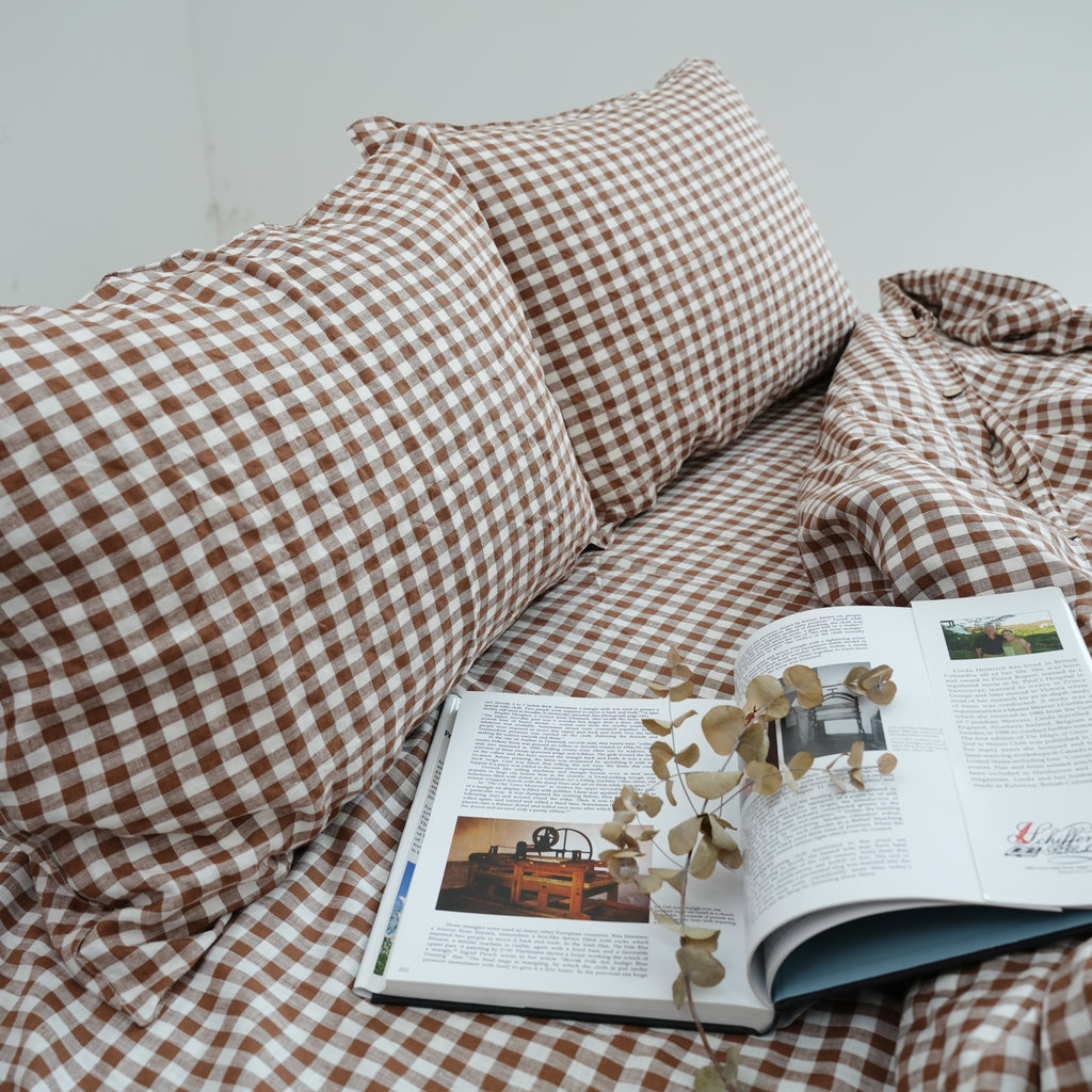 Small Grid Coffee French Linen Pillowcase | Yarn-Dyed | Handmade