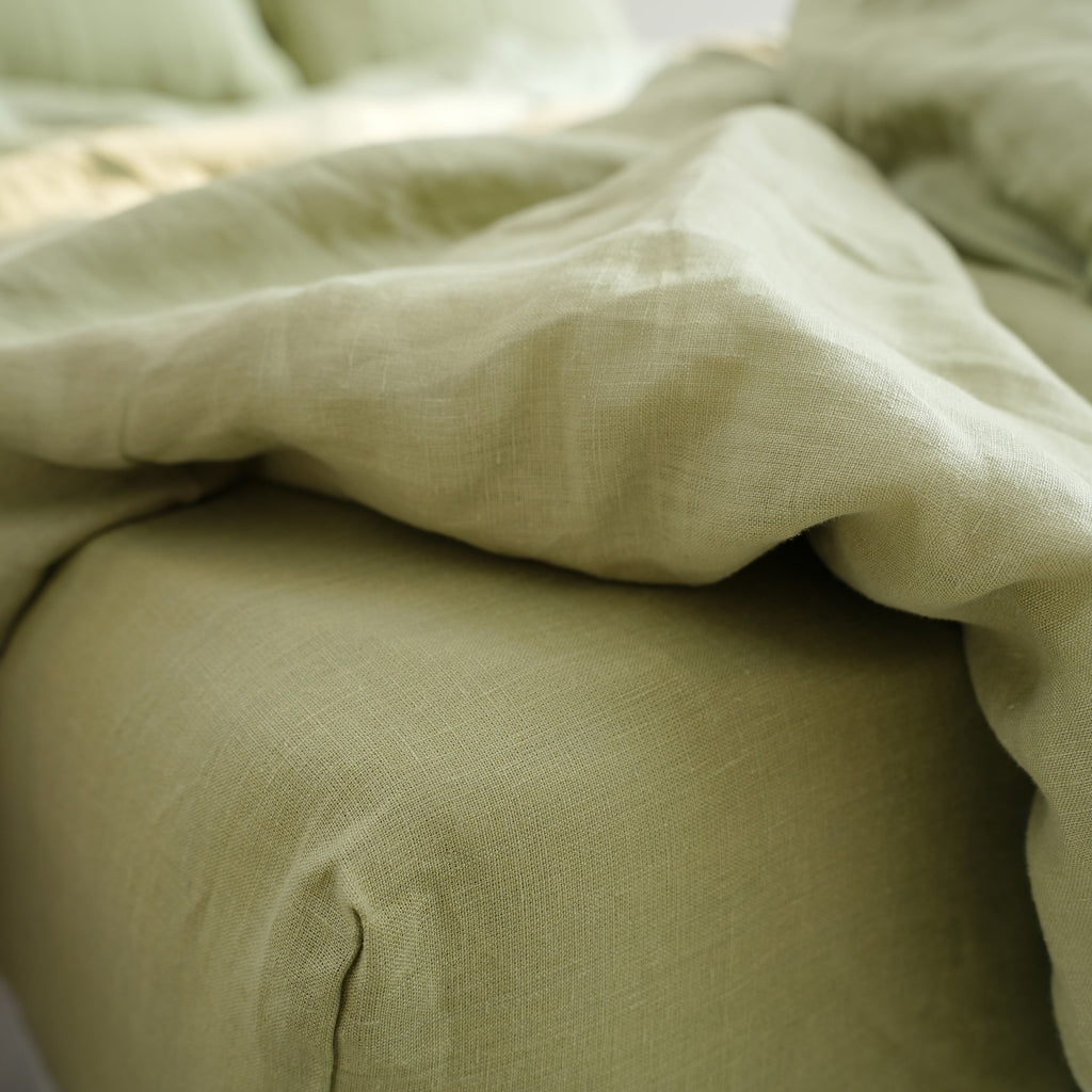 Avocado Green French Linen Duvet Cover Set - Eco-Friendly 4-Piece