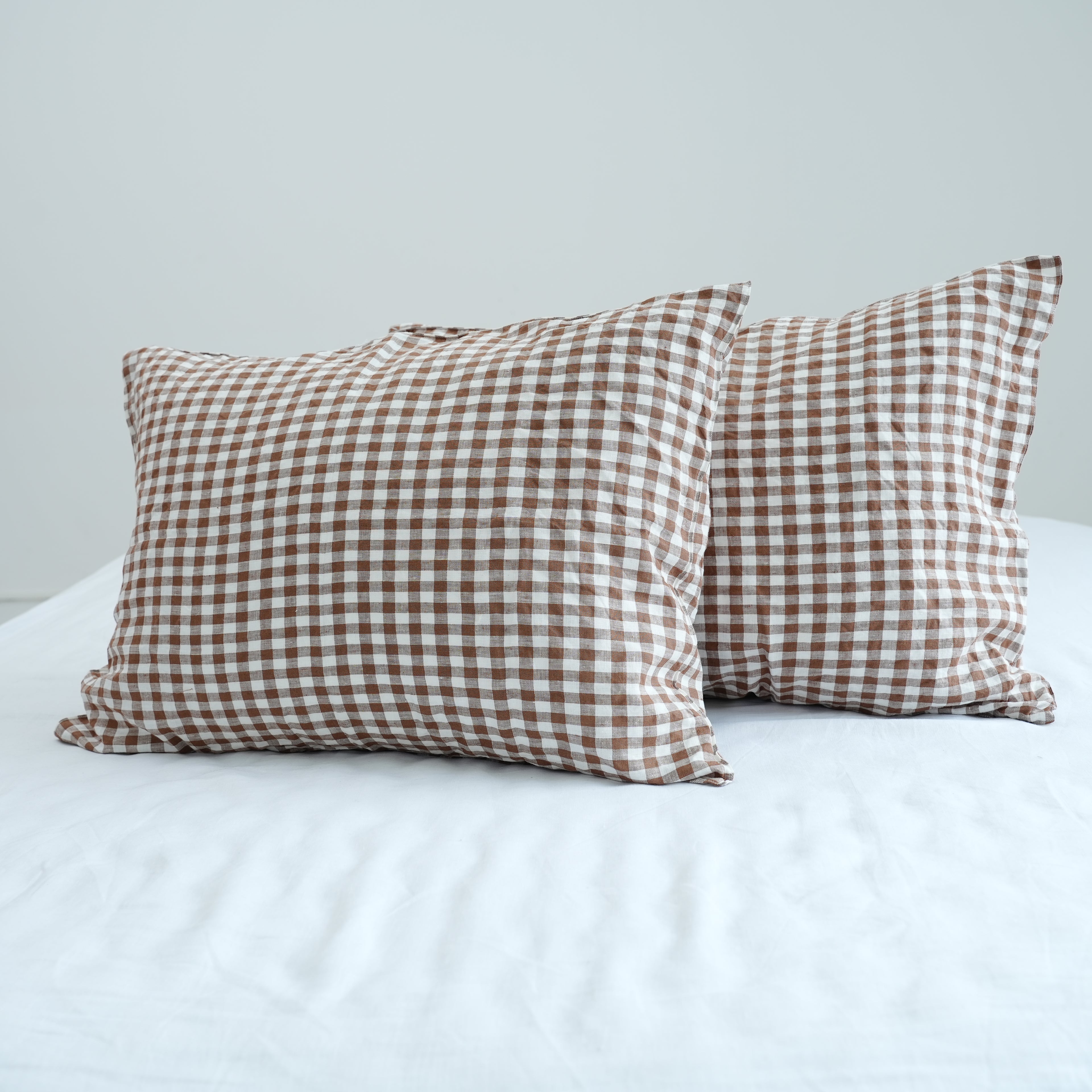 Small Grid Coffee French Linen Pillowcase | Yarn-Dyed | Handmade