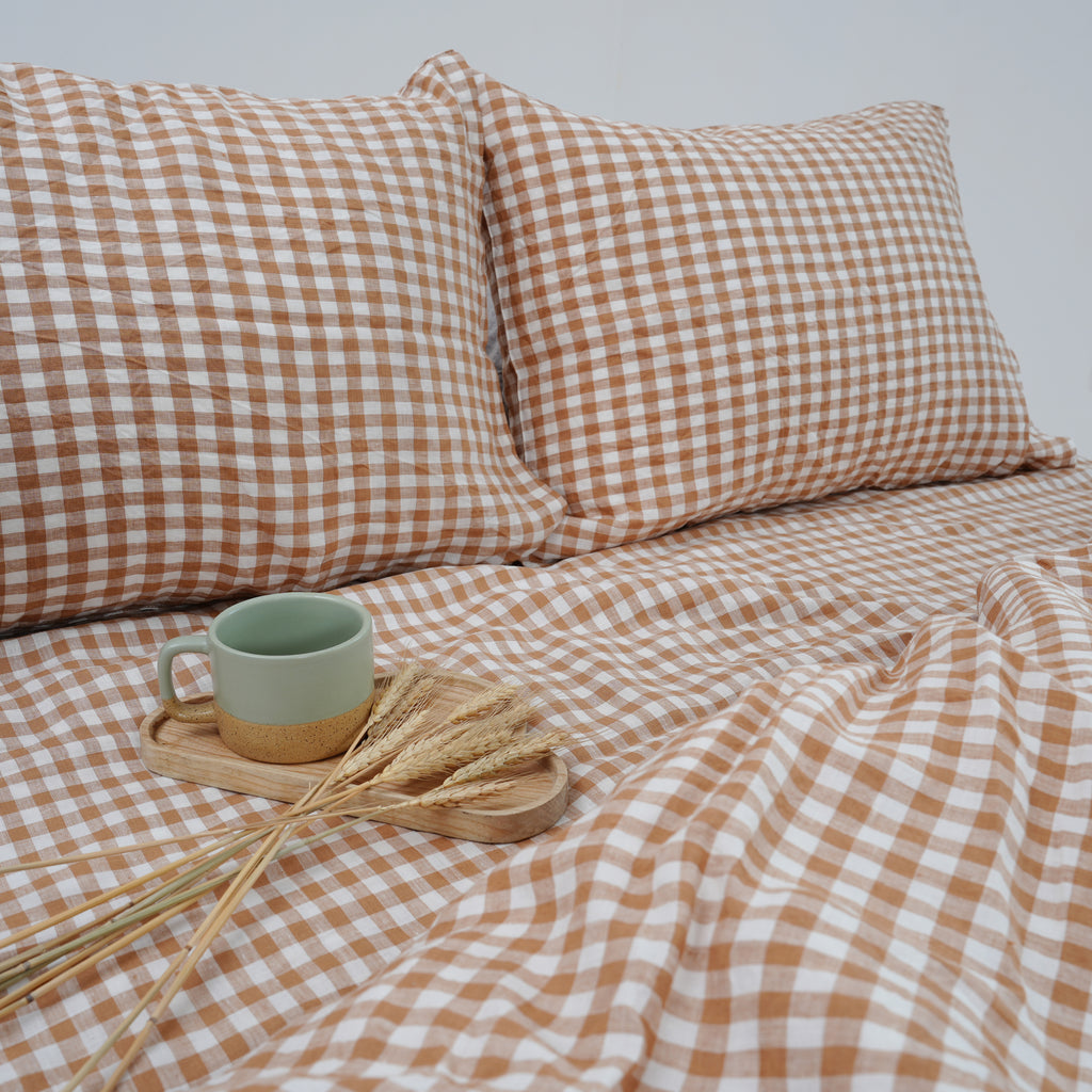 Small Grid Light Brown French Linen Pillowcase | Yarn-Dyed | Handmade