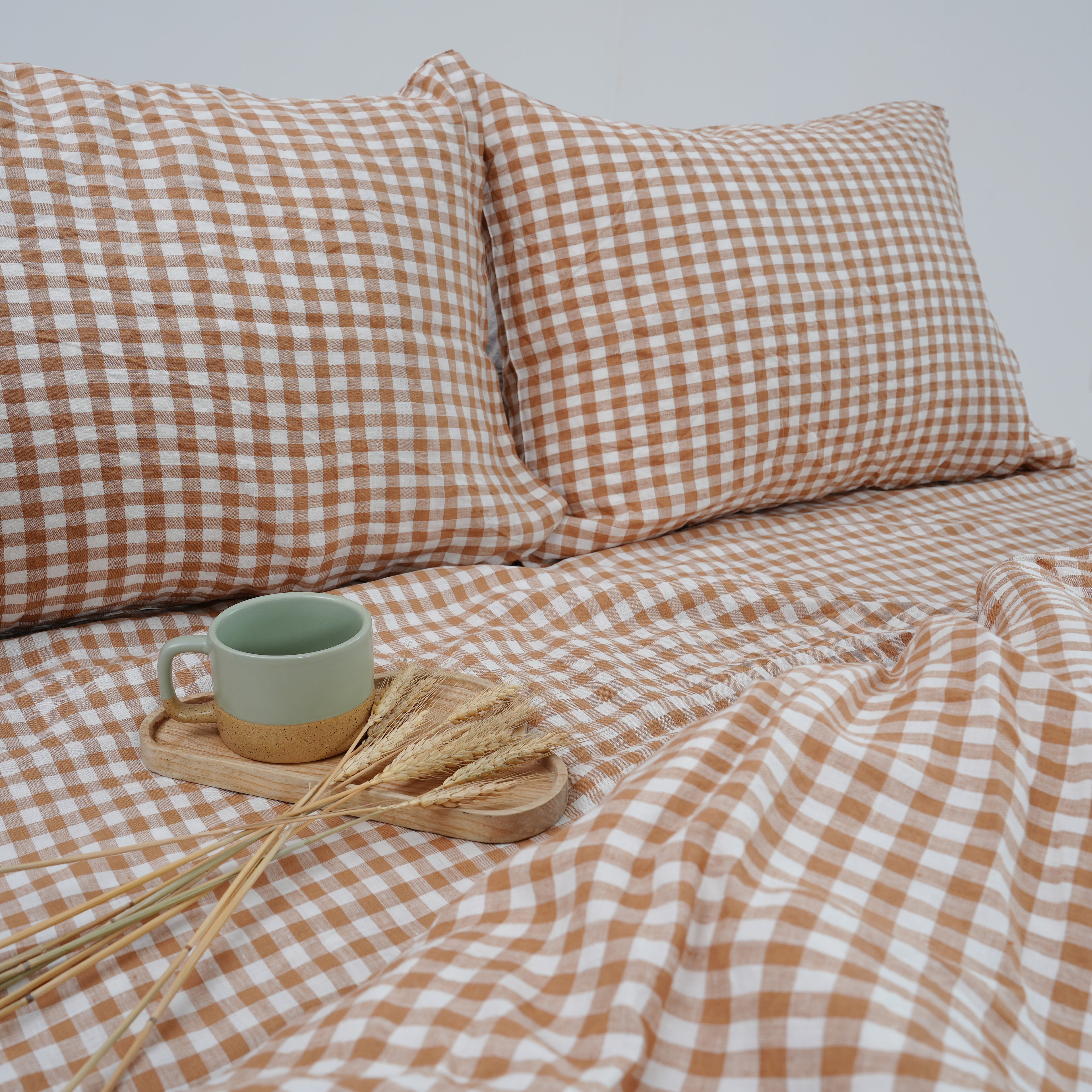 Small Grid Light Brown French Linen Pillowcase | Yarn-Dyed | Handmade
