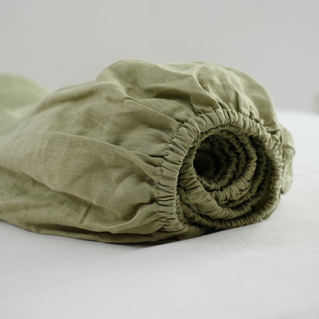 Avocado Green French Linen Fitted Sheet | Premium Linen Bedding