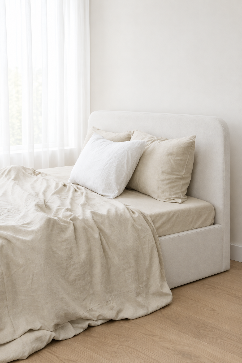 Angled view of beige bamboo linen duvet cover with soft folds and matching bedding in natural daylight