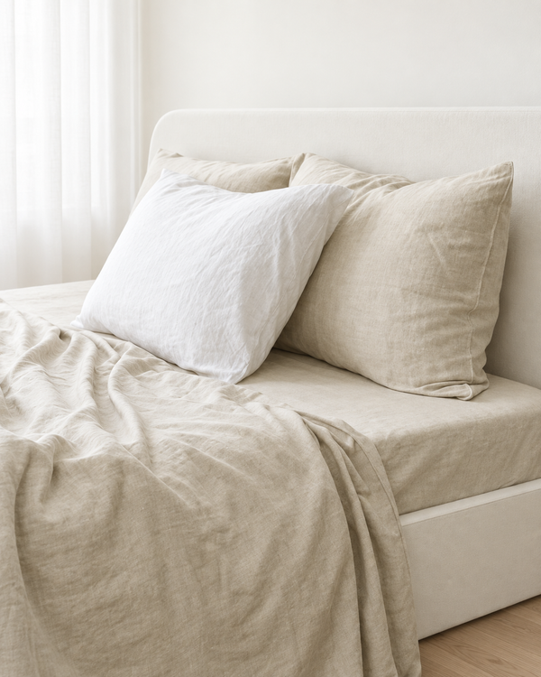Beige bamboo linen pillowcase with visible woven texture, styled beside a white pillow in soft natural light