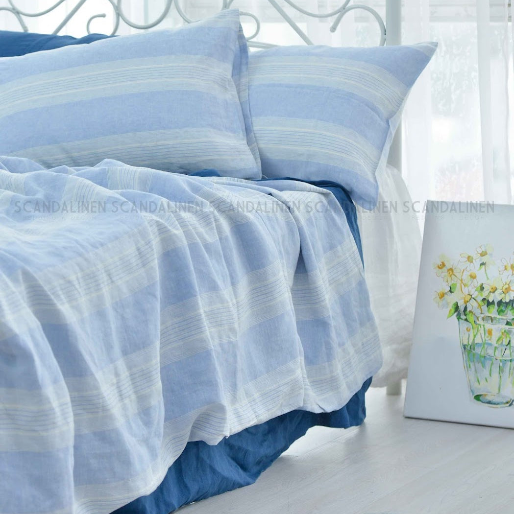 Blue Striped French Linen Duvet Cover | Yarn-Dyed | Handmade