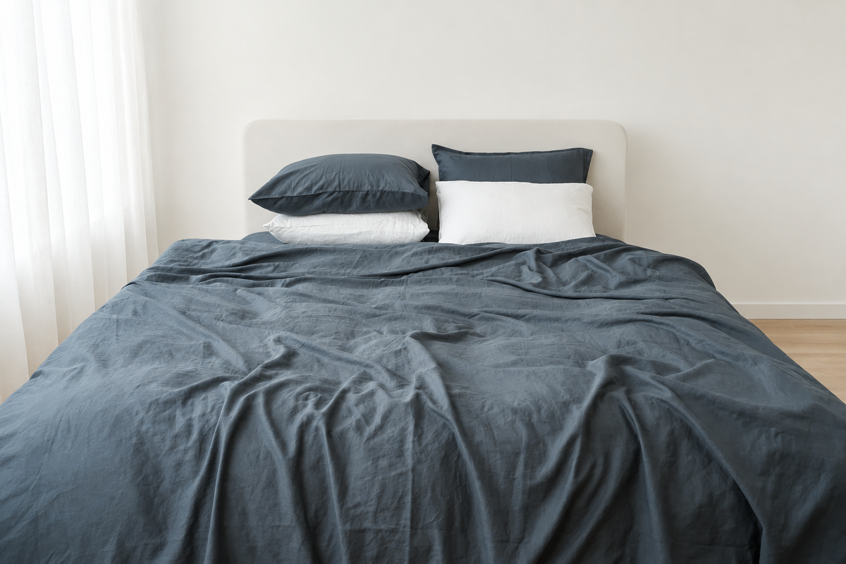 Grey bamboo linen duvet cover in a bright ivory bedroom, front view of the 70% bamboo rayon and 30% linen fabric