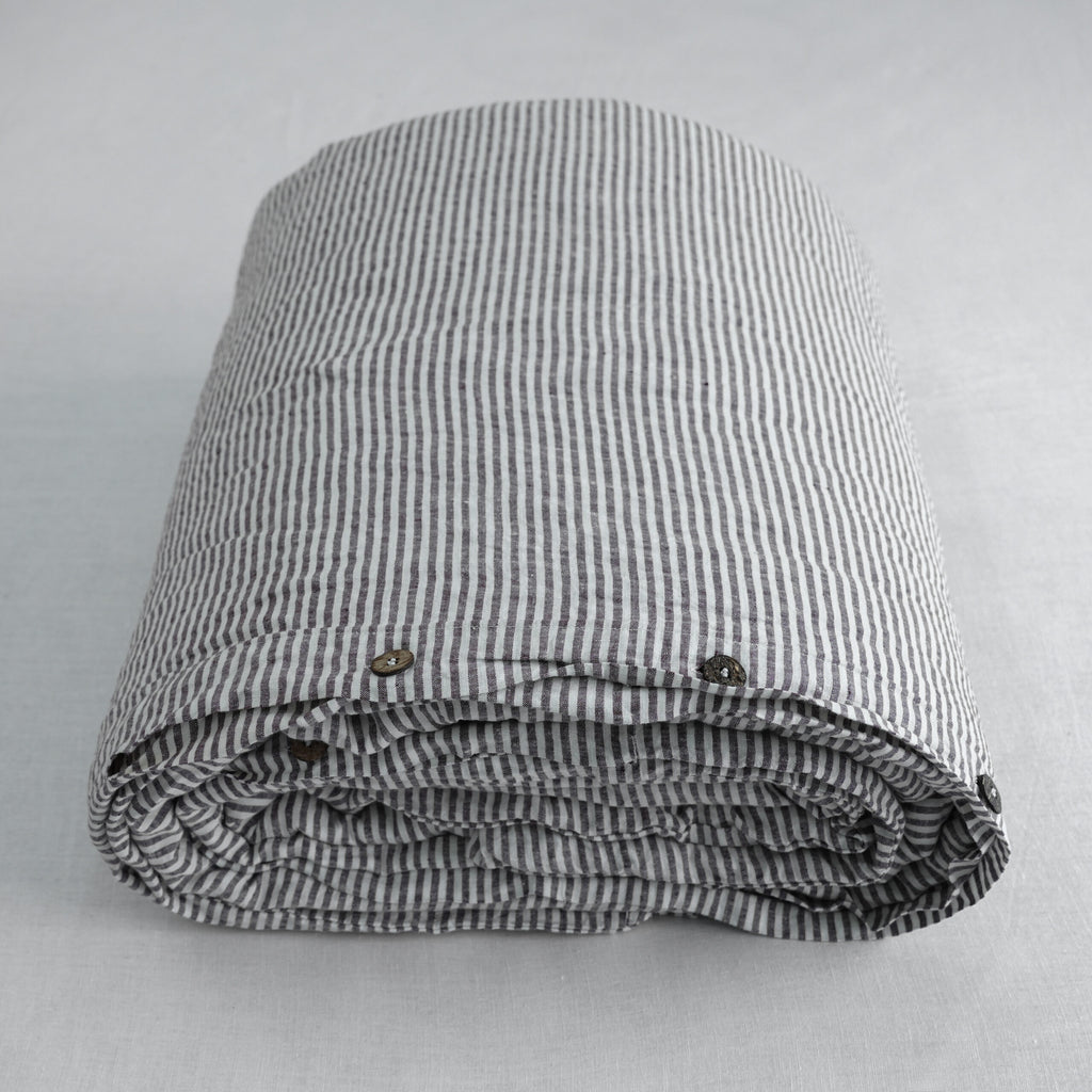 Coffee Striped French Linen Duvet Cover+2 Pillowcases Set | Yarn-Dyed | Handmade