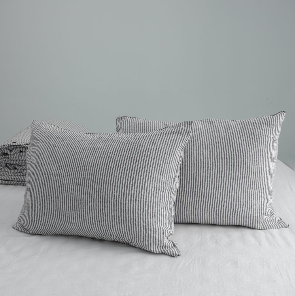 Gray Striped French Linen Top Sheet | 100% Linen Flat Sheet